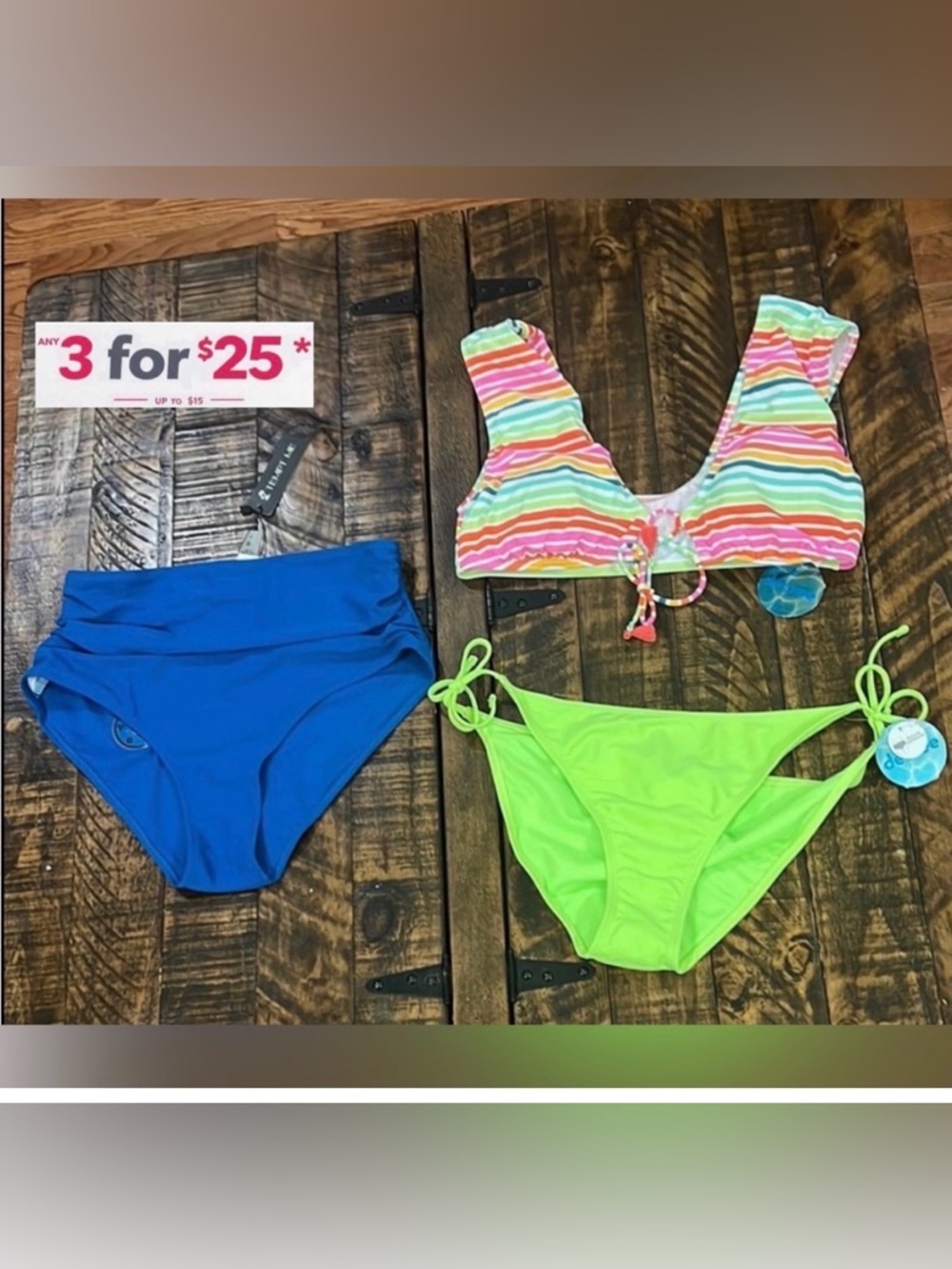 Colorful Striped Bikini large Set with Blue and Green Bottoms bundle